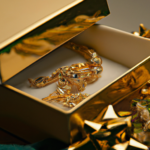 bardzo wysoka jakość grafiki na której widoczne są poukładane elementy złotej biżuterii przygotowane do zapakowania w gustowne prezenetowe pudełko leżące zaraz obok