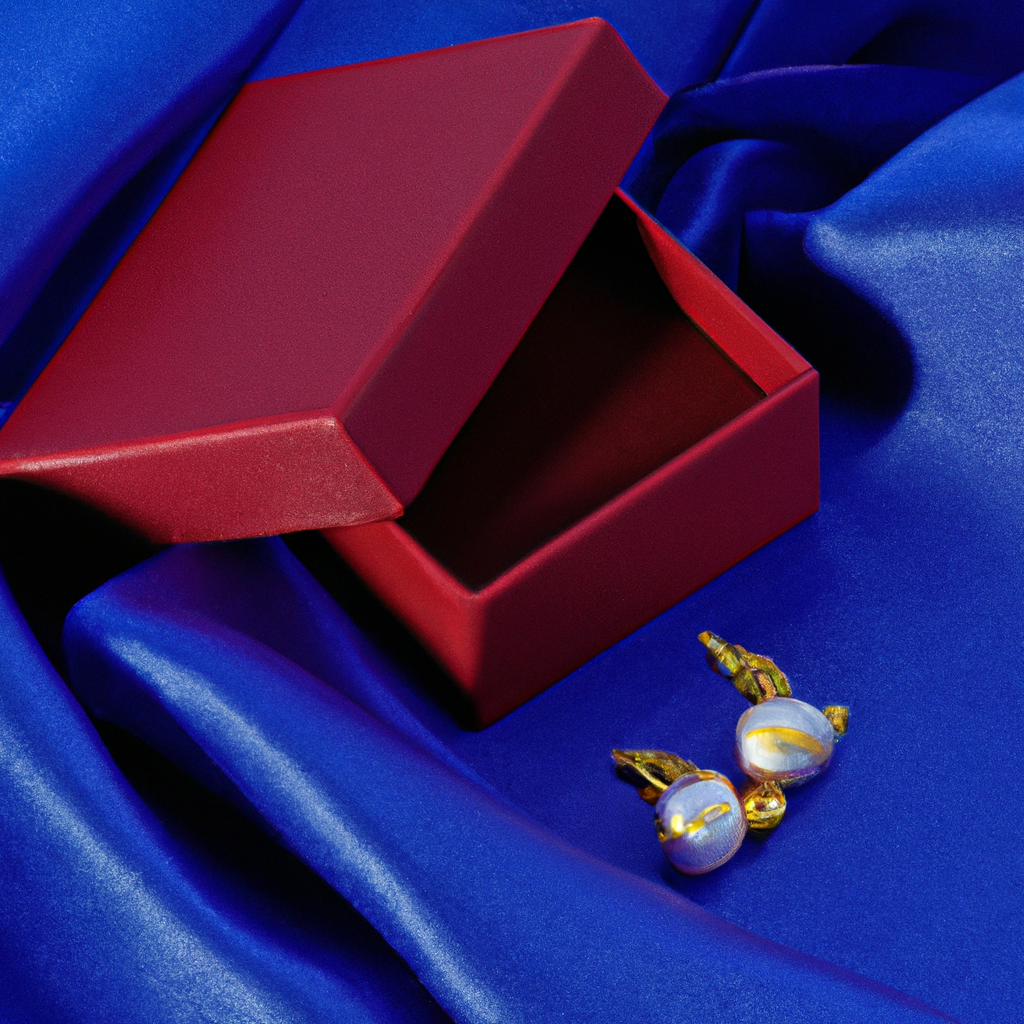 czerwone pudełko prezentowe lekko otwarte a w środku widać złote kolczyki z czerwonym kamieniem w tle niebieska pofałdowana kaszmirowa tkanina
