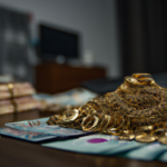 poukładana złota biżuteria ułożona na stole a w tle rozmazane pieniądze PLN