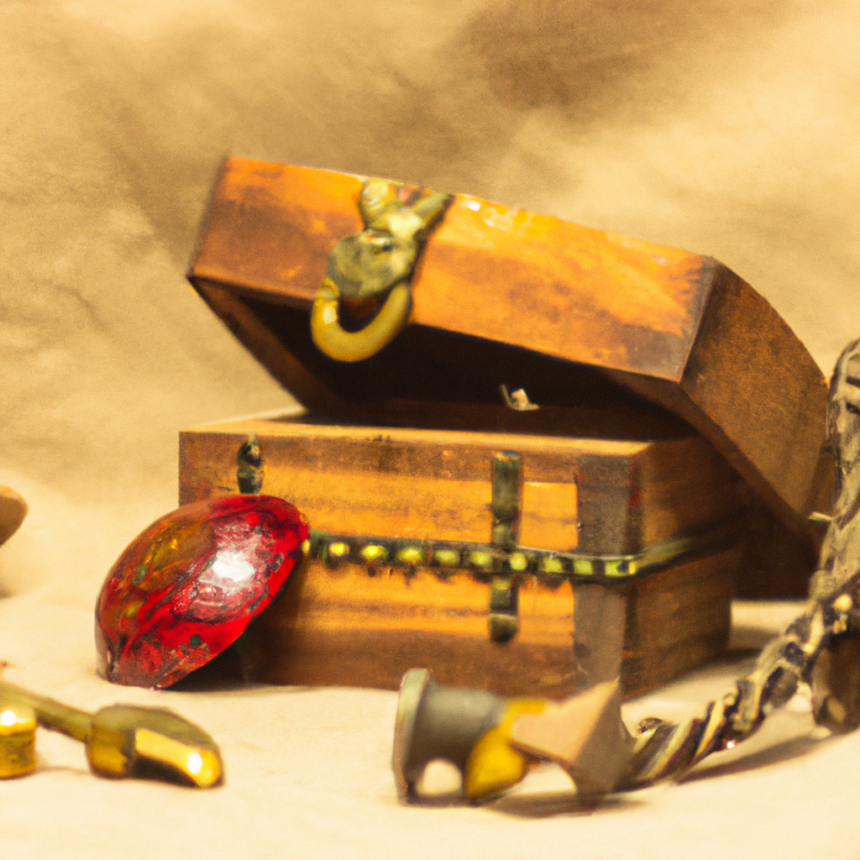ręcznie wykonana drewniana szkatułka w środku widać złotą poukładaną biżuterię a obok szakułki leży mały młotek