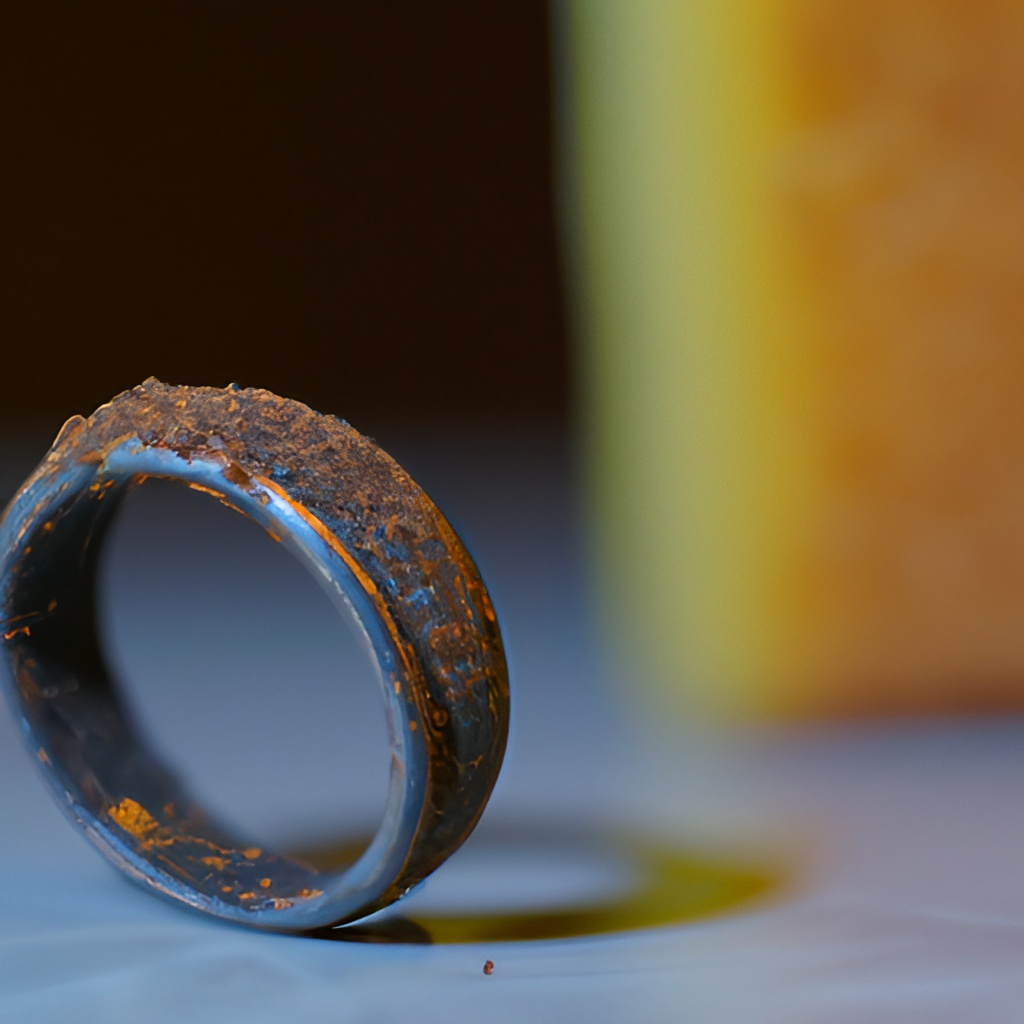 srebrny pierścionek pokryta rdzą a obok niej gąbka do naczyć w tle widać rozmazane akcesoria do czyszczenia