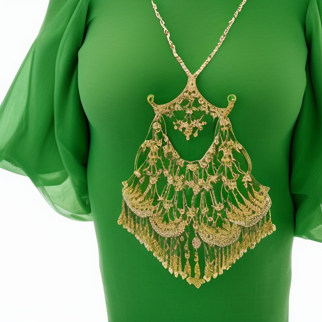 zielona sukienka a obok niej złoto zielona biżuteria