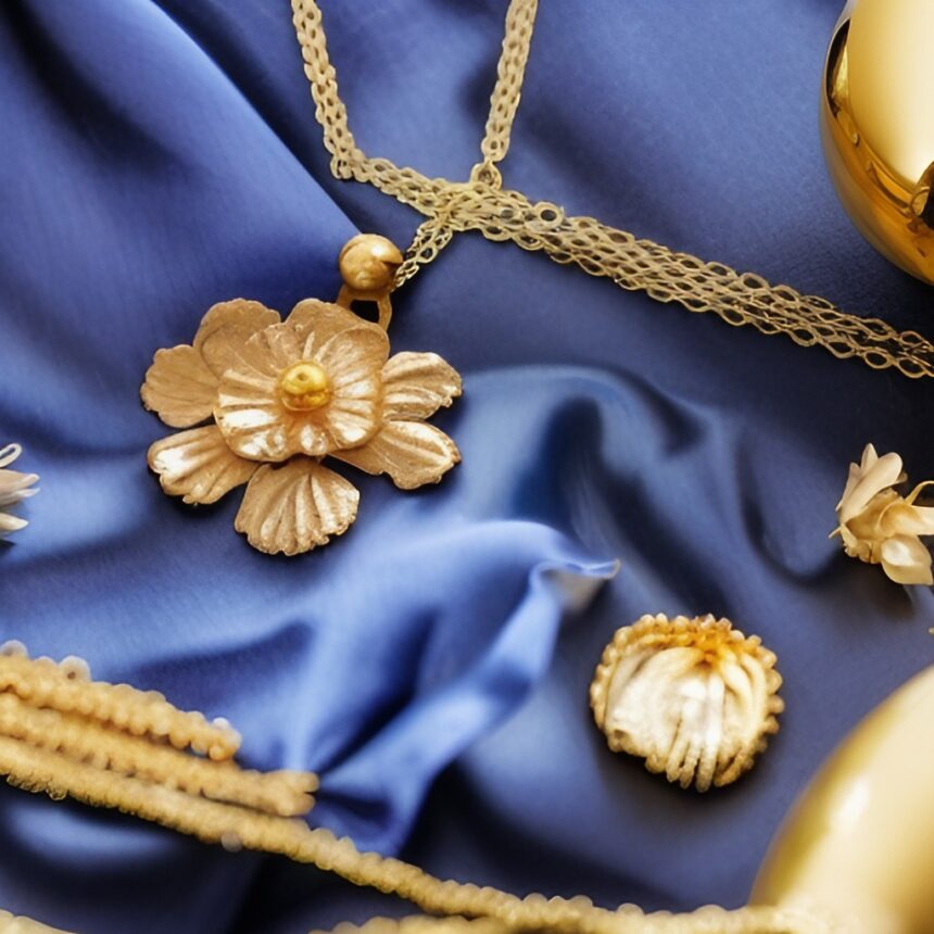 złota biżuteria obok chabrowej sukienki